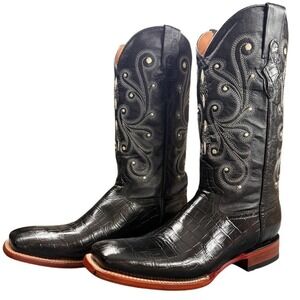Ferrini 4079304 Crocodile Print Cowboy Boots Mens 11.5 D Black Leather Western